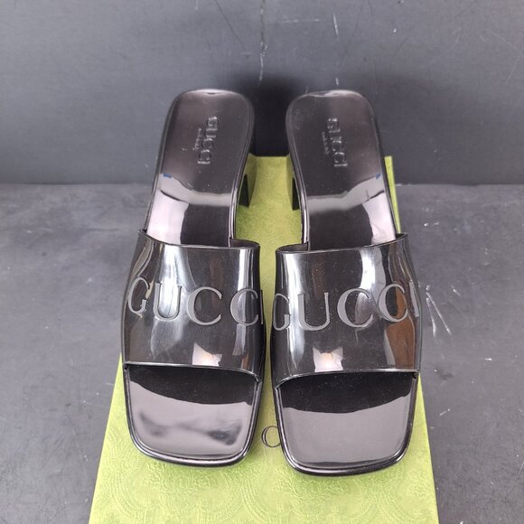 Gucci Rubber Block Heel Platform Logo Slide Sandals Womens Size 40 Black - Picture 4 of 15